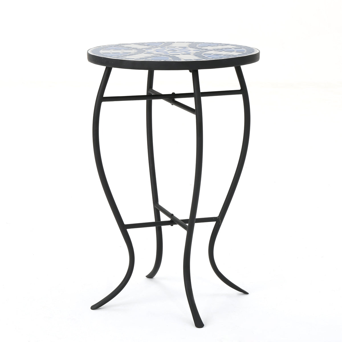 Outdoor Round Side Table with Mosaic-Style Top and Curved Iron Legs