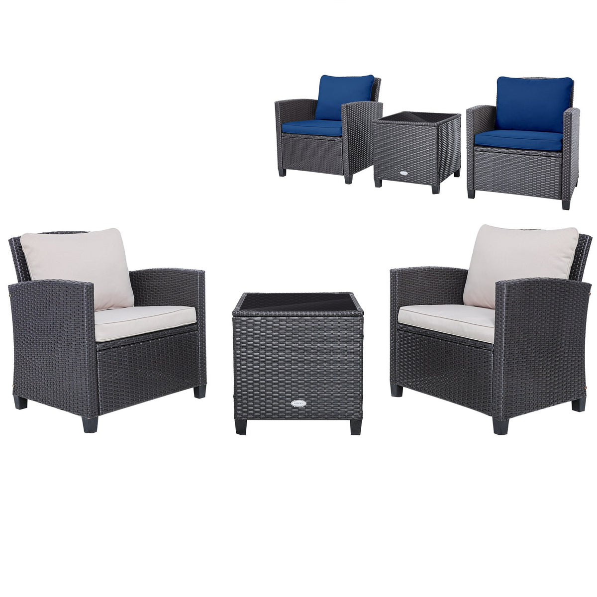 3 Pcs Patio Rattan Furniture Set Cushioned Conversation Set Coffee Table-Beige
