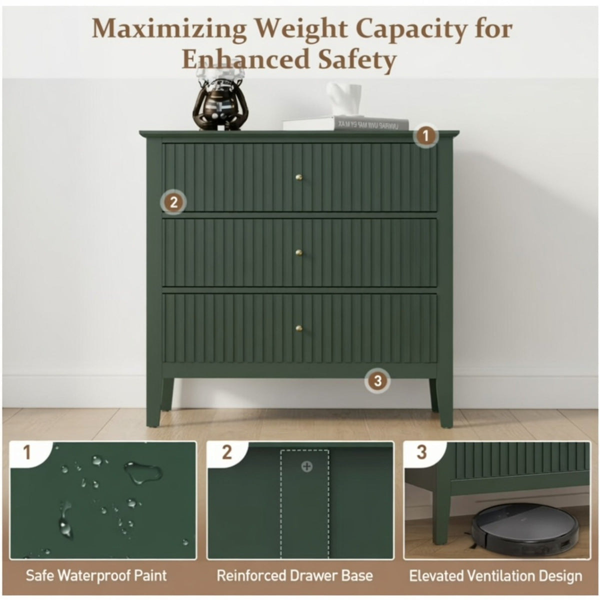 32" Wide Green Fluted 3-Drawer Nightstand