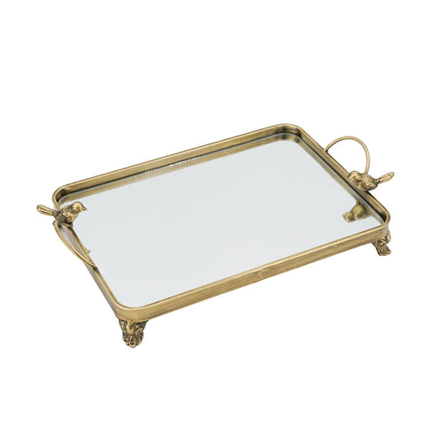 16.3x9.8x3.7" Metal Bird-Accented Mirrored Tray