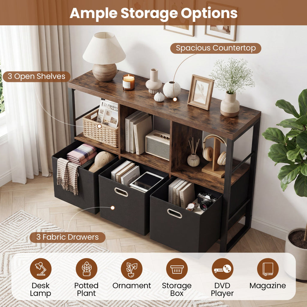 6-Cube Industrial Bookshelf with Storage Bins & Metal Frame