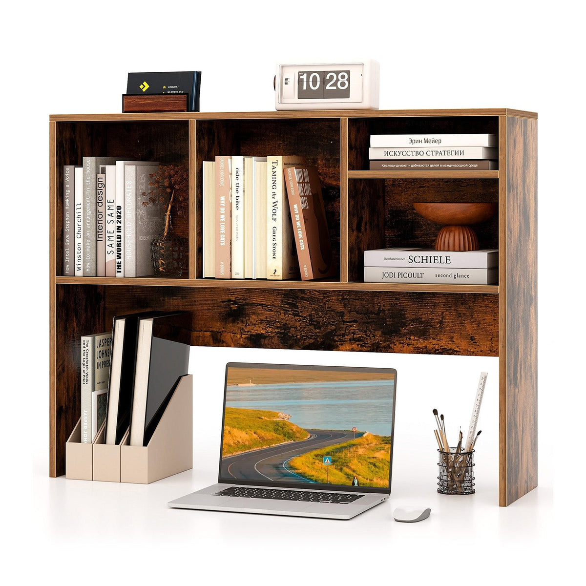 Computer Desktop Bookcase with 4 Cubbies and Open Back Compartment