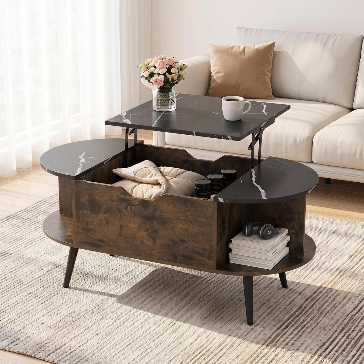 Lift Top Coffee Table with Hidden Compartment and Shelves