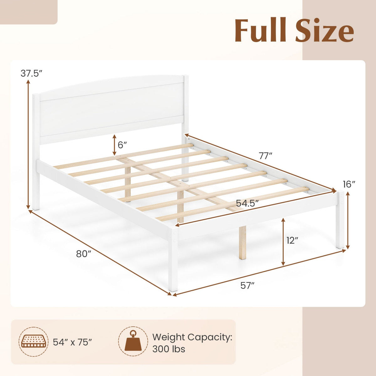 Full Size Wooden Platform Bed Frame with Curved Headboard