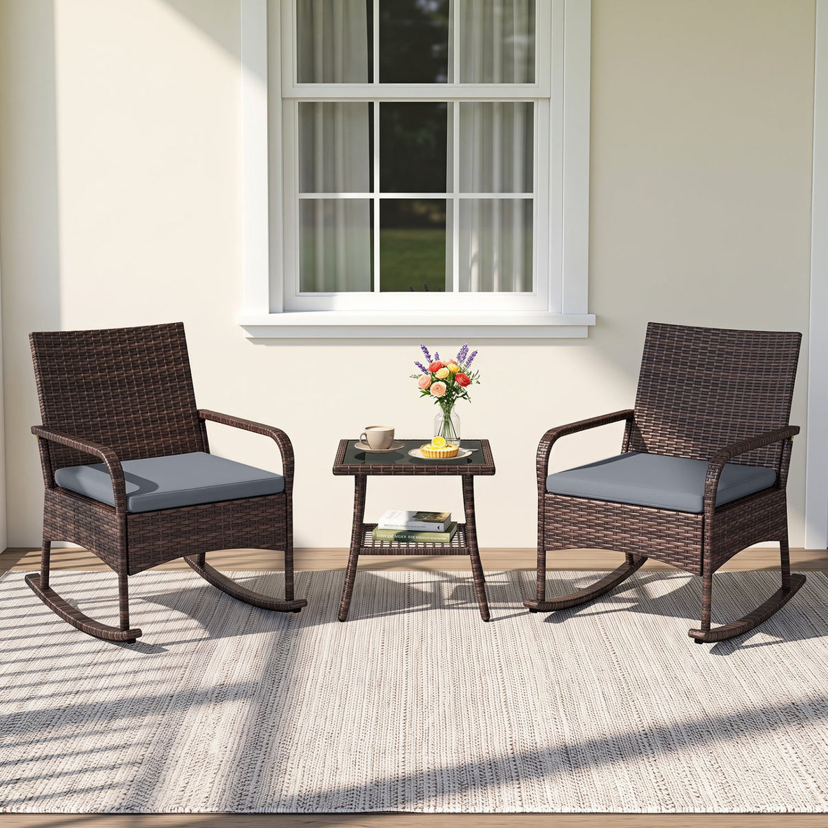 3-Piece Rocking Bistro Set with Cushions & Side Table