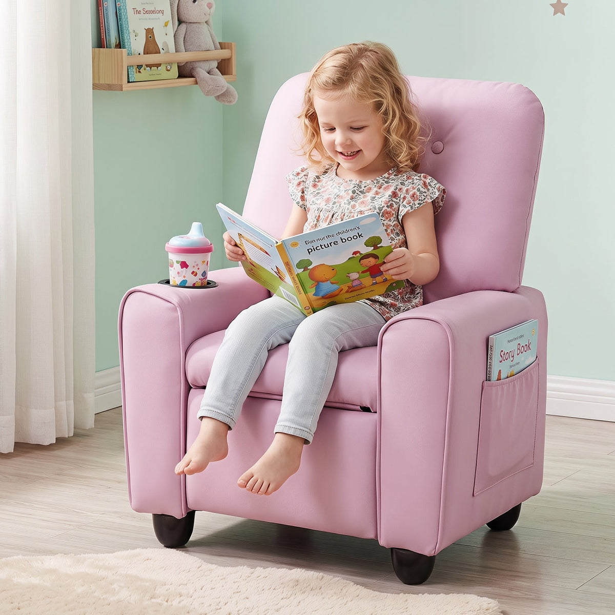Kids Recliner Chair with Cup Holder & Adjustable Backrest