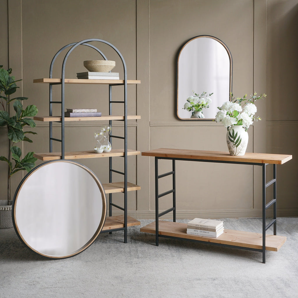 Tall Arched Wood and Iron Display Shelf