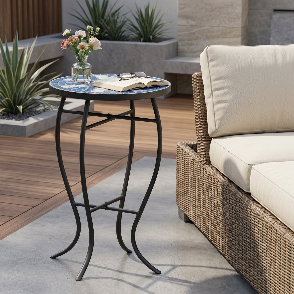 Outdoor Round Side Table with Mosaic-Style Top and Curved Iron Legs
