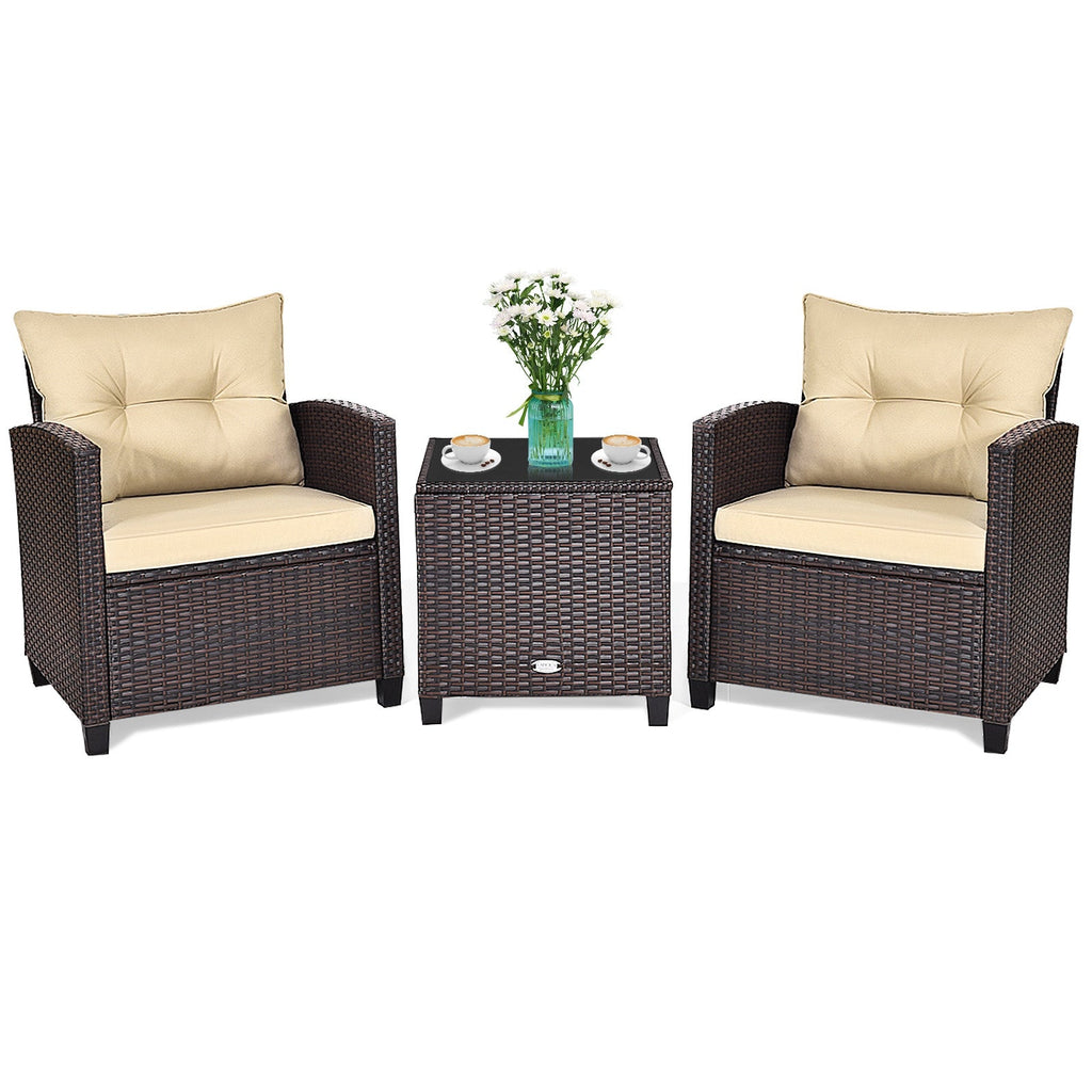 3 Pcs Patio Rattan Furniture Set Cushioned Conversation Set Coffee Table-Beige
