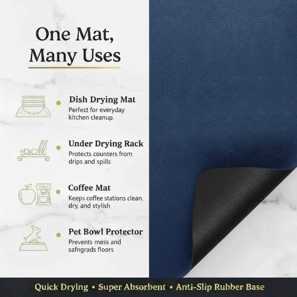 Navy Dish Drying Mat — Super Absorbent, Non-Slip