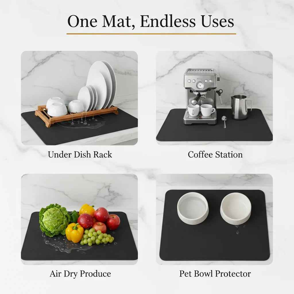 Black Dish Drying Mat — Super Absorbent, Non-Slip